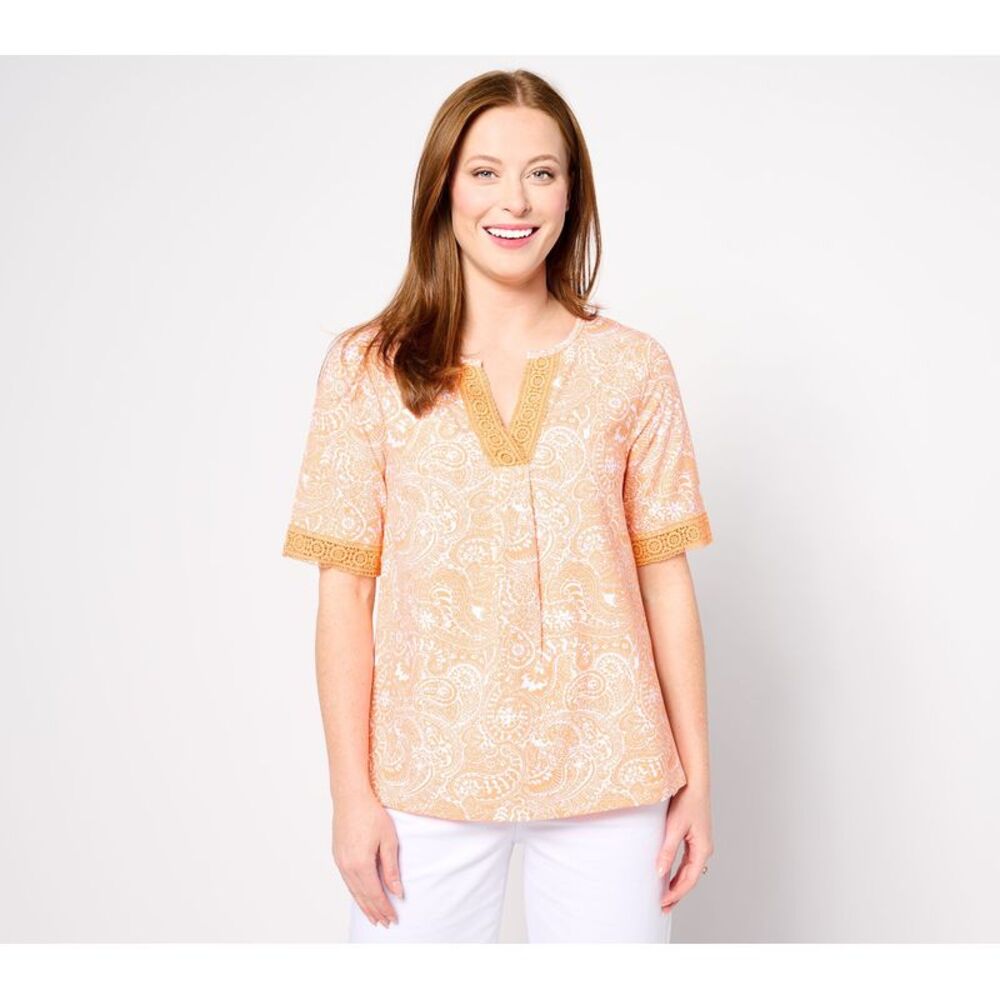 Wacoal Women's Top Sz L Printed Elbow Sleeve Split Neck Orange A645057